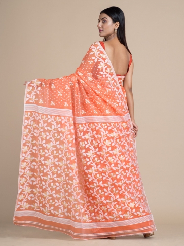Light Orange & White Jamdani Saree With Woven Designs 1