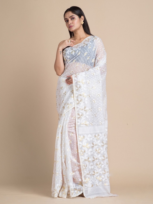 White Jamdani Saree With Floral Woven Designs 0