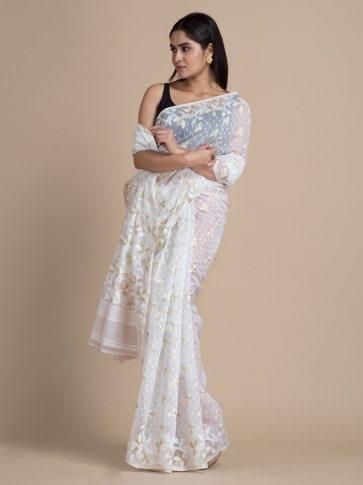 White Jamdani Saree With Floral Woven Designs