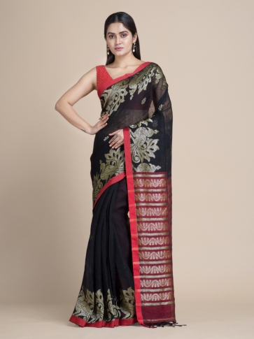 Black Linen Cotton Saree With Zari Designs