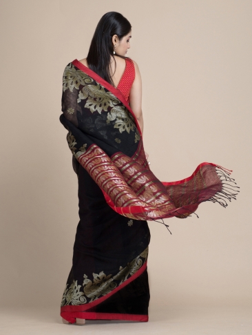 Black Linen Cotton Saree With Zari Designs 2