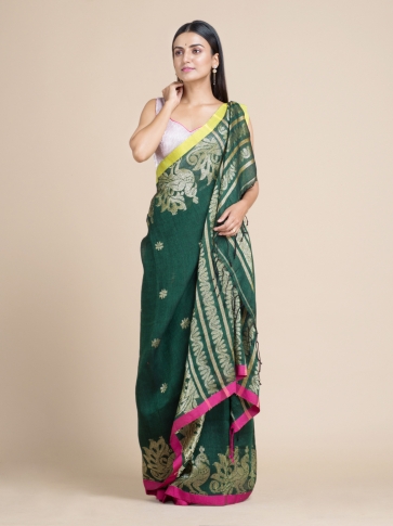 Bottle Green Linen Cotton Saree With Zari Designs