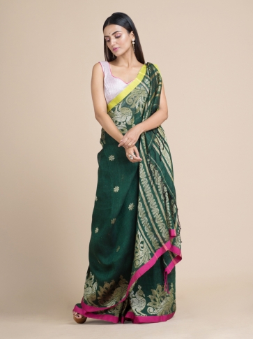 Bottle Green Linen Cotton Saree With Zari Designs 0