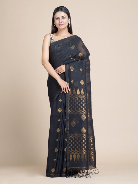 Black Linen Cotton Saree With Zari Motifs