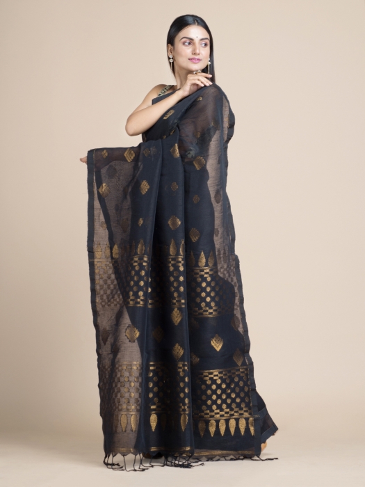 Black Linen Cotton Saree With Zari Motifs 1