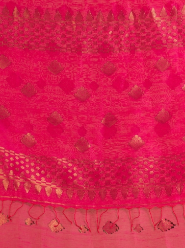 Fuchsia Pink Linen Cotton Saree With Zari Motifs 2