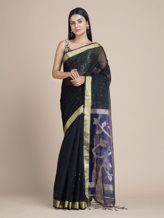 Black Blended Cotton Saree With Sequins