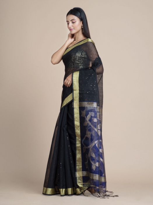 Black Blended Cotton Saree With Sequins 0