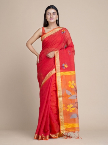 Red Blended Cotton Saree With Floral Pallu