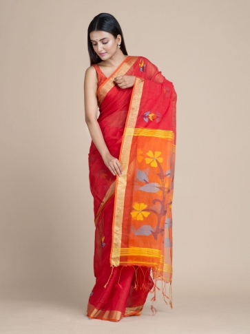 Red Blended Cotton Saree With Floral Pallu 0