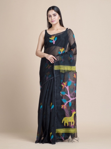 Black Blended Cotton Saree With Woven Scenery Pallu 0