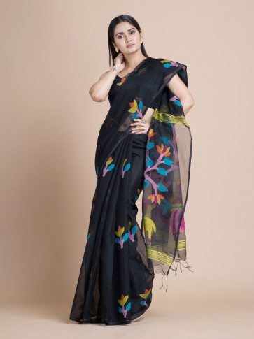 Black Blended Cotton Saree With Woven Scenery Pallu