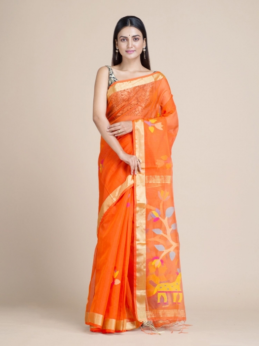 Tiger Orange Blended Cotton Saree With Woven Scenery Pallu
