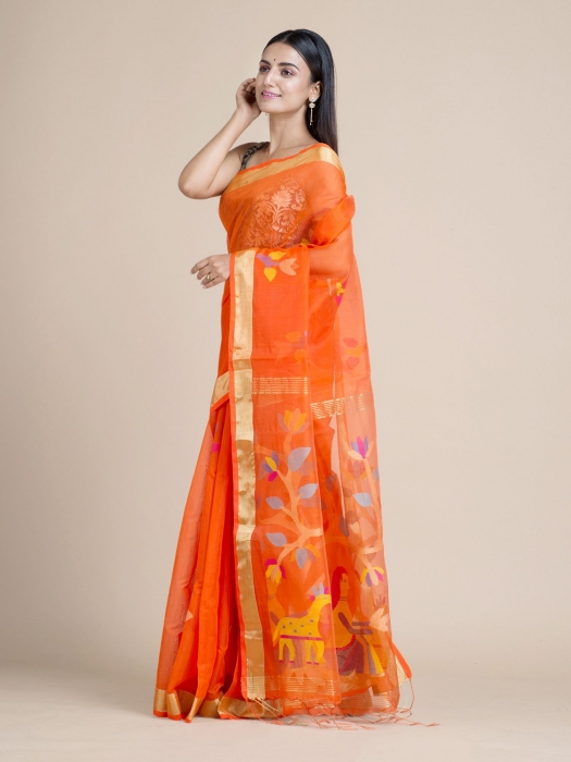 Tiger Orange Blended Cotton Saree With Woven Scenery Pallu 0