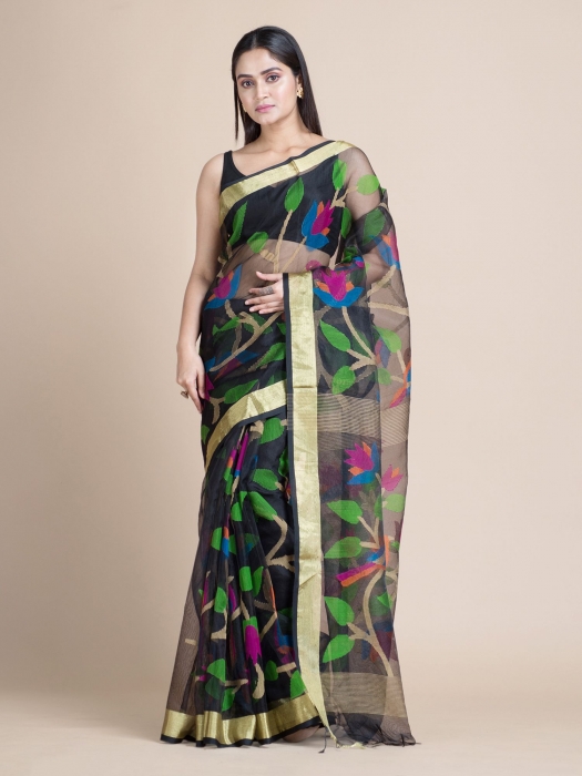Black Blended Cotton Saree With Floral Designs 0