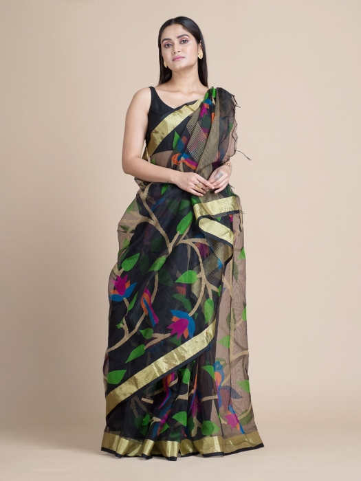 Black Blended Cotton Saree With Floral Designs