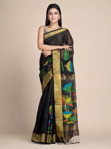 Black Matka Silk Saree With Lotus Designs 0