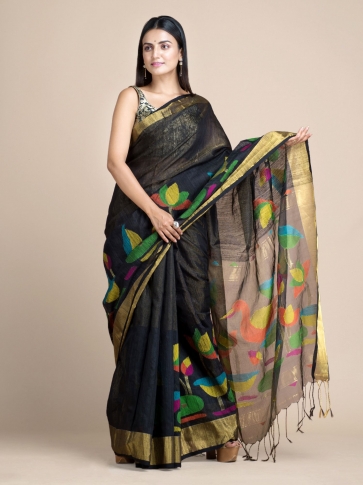 Black Matka Silk Saree With Lotus Designs