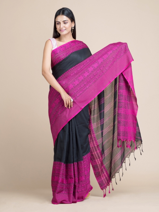 Black & Magenta Pure Cotton Saree With Woven Designs