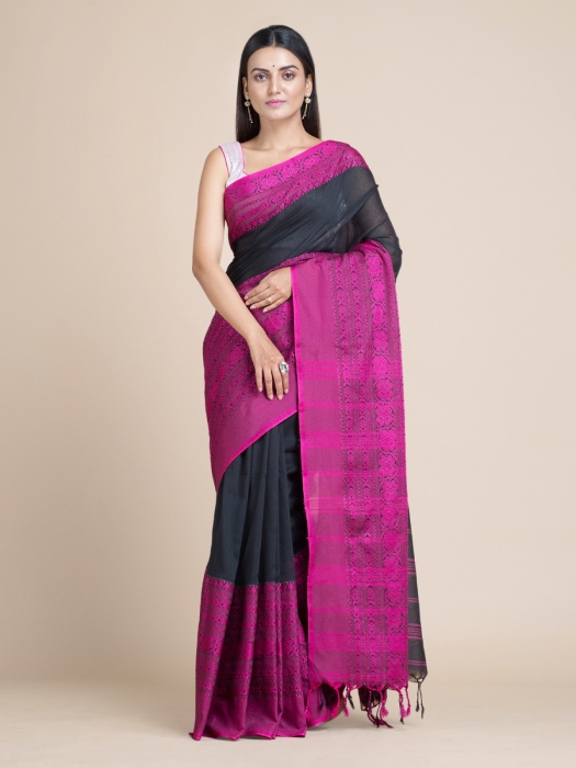 Black & Magenta Pure Cotton Saree With Woven Designs 0