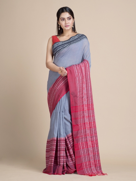 Coin Grey Pure Cotton Saree With Dual tone Borders