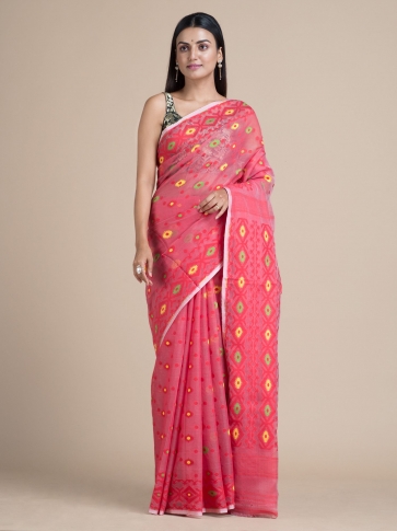 Blush Red Jamdani Saree With Woven Designs 0