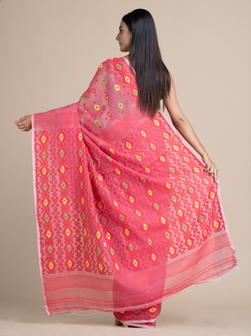 Blush Red Jamdani Saree With Woven Designs 1