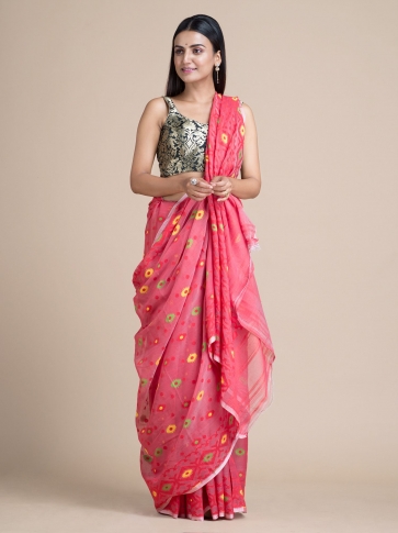 Blush Red Jamdani Saree With Woven Designs