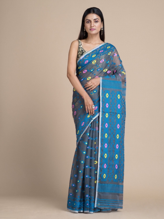 Lead Grey Jamdani Saree With Woven Designs 0