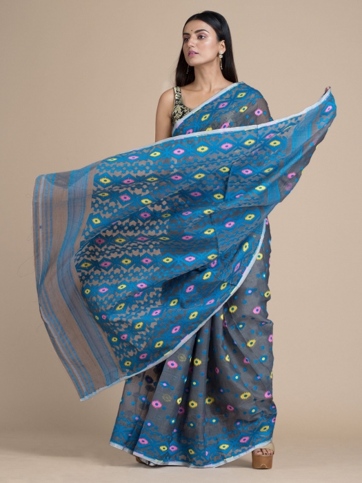 Lead Grey Jamdani Saree With Woven Designs
