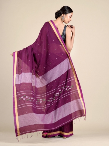 Sangria Purple Linen Cotton Saree With Woven Buttas 1