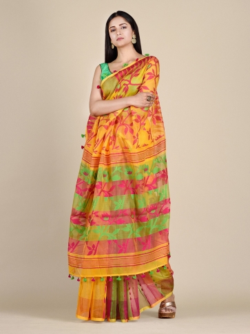 Canary Yellow Jamdani Saree With Floral Designs 0