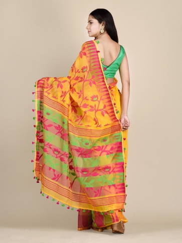 Canary Yellow Jamdani Saree With Floral Designs 1