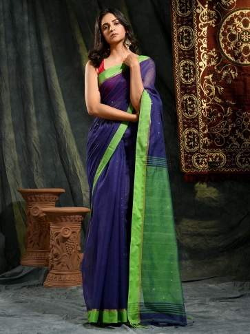Lapis Blue Blended Cotton Saree With Green Pallu 0