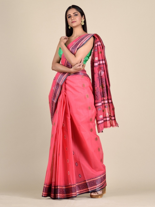Punch Pink Cotton Saree With Paisley Borders 0