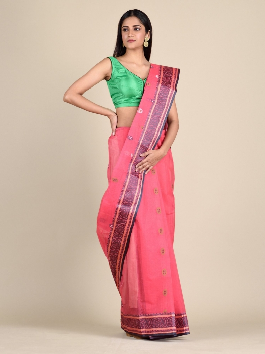Punch Pink Cotton Saree With Paisley Borders