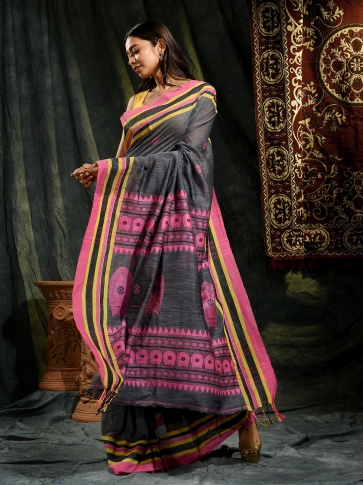 Grey Pure Cotton hand woven saree with Pink border