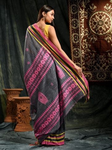 Grey Pure Cotton hand woven saree with Pink border 1