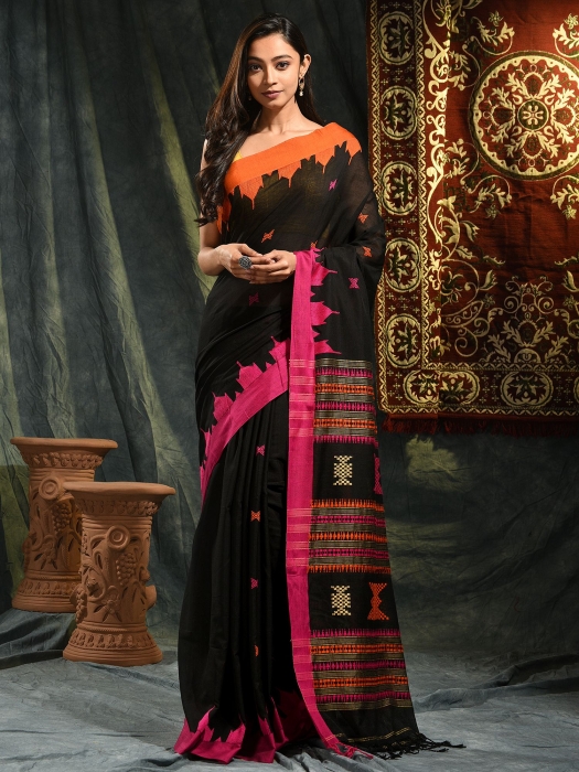 Black hand woven Cotton saree with duel border
