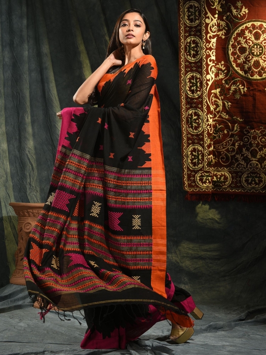Black hand woven Cotton saree with duel border 0