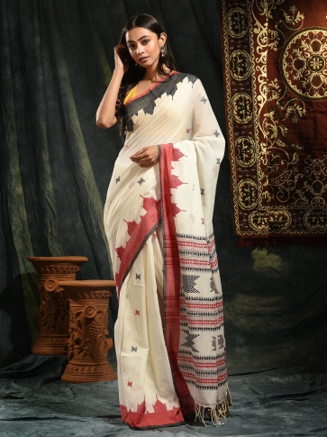 Ivory White  Pure Cotton hand woven saree with temple border