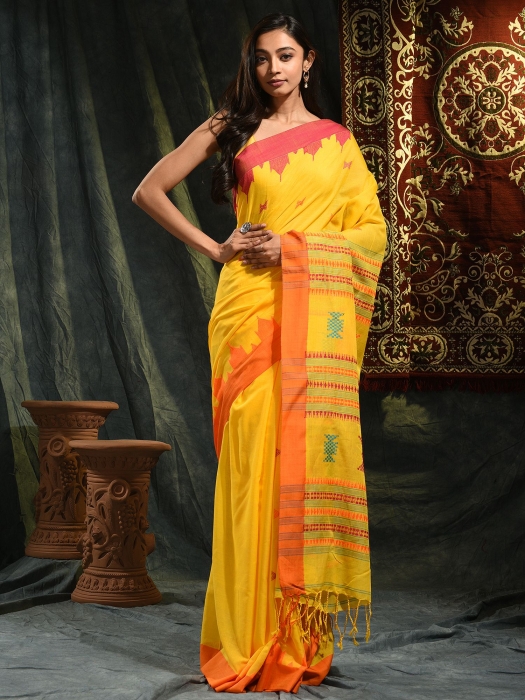 Yellow hand woven Cotton saree with temple border