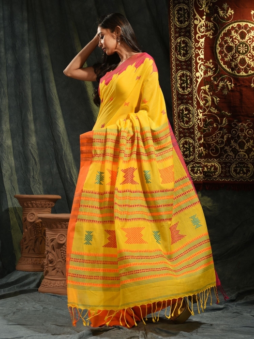 Yellow hand woven Cotton saree with temple border 0