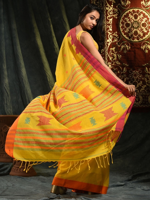 Yellow hand woven Cotton saree with temple border 1