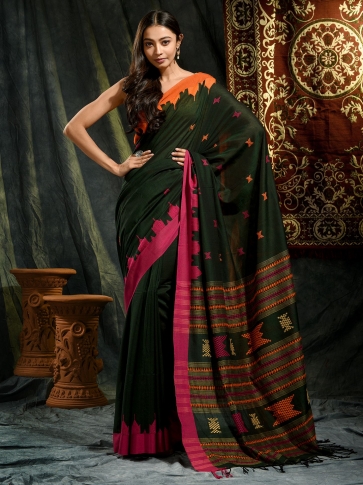 Bottle Green Pure Cotton hand woven saree with temple border