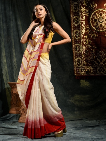 Off White Pure Cotton hand woven saree with Red and Yellow border