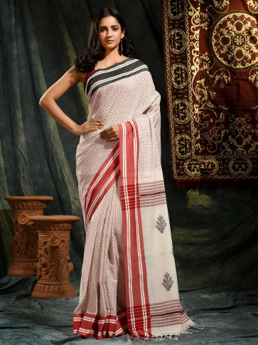 White Pure Cotton hand woven saree with stitch work