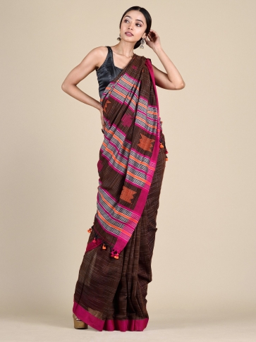 Chocolate Brown Pure Cotton hand woven saree with duel border