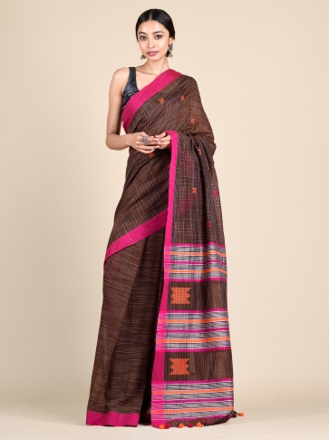 Chocolate Brown Pure Cotton hand woven saree with duel border 0