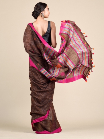 Chocolate Brown Pure Cotton hand woven saree with duel border 1